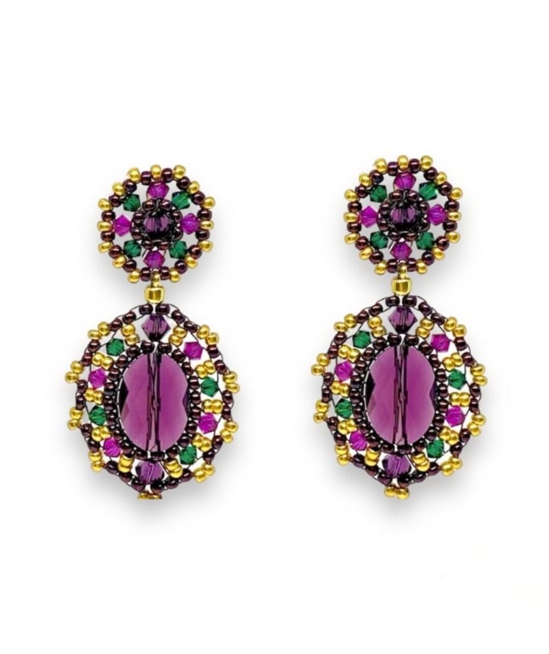 Elegant Statement Earrings, Oval, Purple/green, Handsewn From