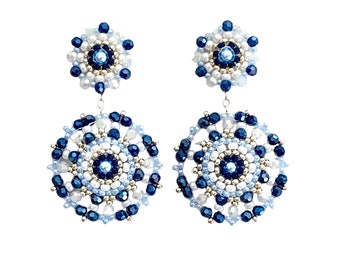 Statement - earrings PAOLA, blue-white, hand-sewn in brick stitch technique from Swarovski crystals and Miyuki pearls/ beads2shine jewellery
