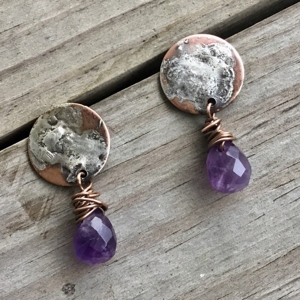 Small Amethyst  Earrings, Hand crafted Jewelry, Raw Modern Earrings, Antiqued Earrings, Gemstone Earrings, Post Earrings