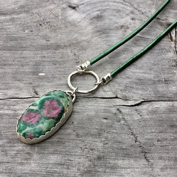 Ruby Fuchsite Necklace / Gem Rock Necklace / Long Green Necklace / Gemstone Pendant / Long Silver Necklace / Long Pendant Necklace