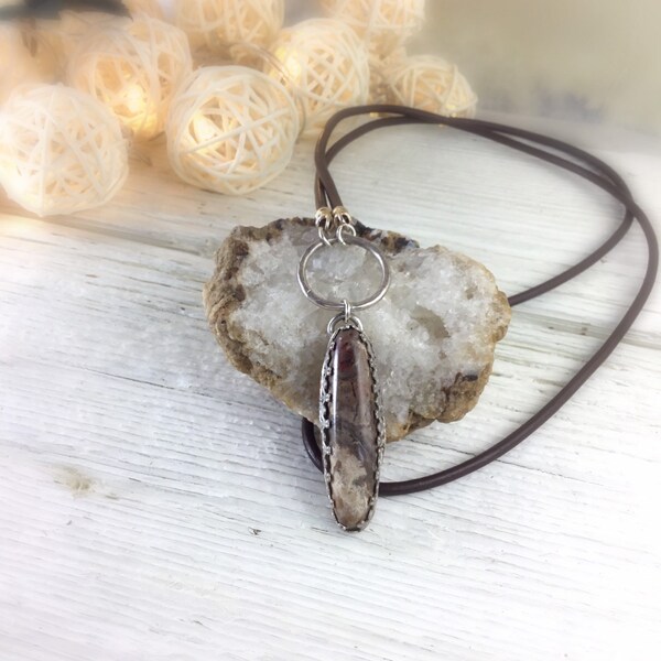 Leather Jasper Necklace, Brown Focal Pendant, Long Jasper Necklace, Beachy Necklace, Boutique JewelrY 