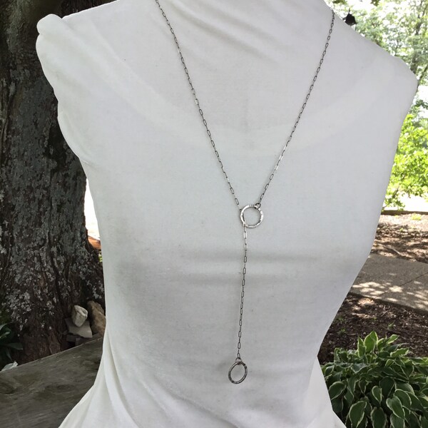Sterling Silver Lariat Necklace  Circle Necklace  Minimalist Necklace  Oxizied Silver Necklace  Extra Long Lariat Necklace
