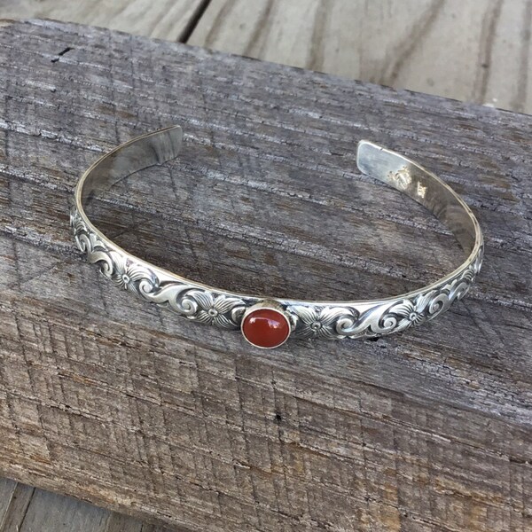 Sterling Silver Carnelian Bangle, Dark Orange Gemstone, Chalcedony cuff