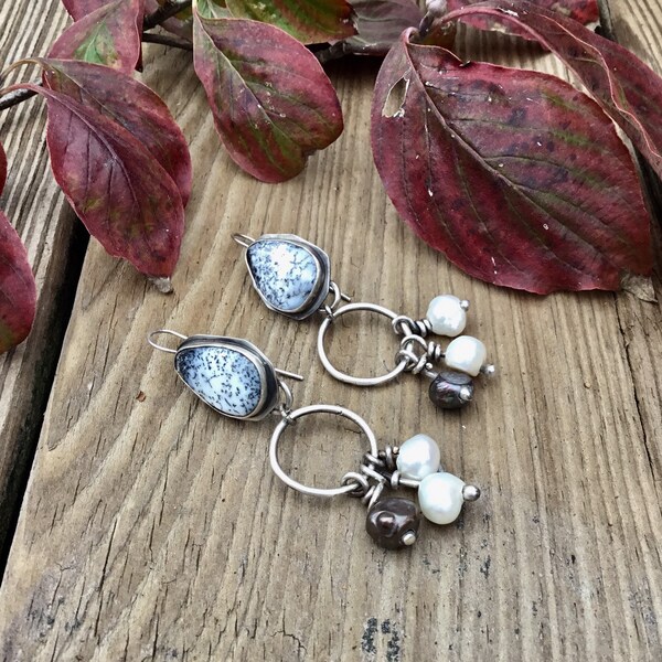 Long Dendritic Opal and Pearl Hoop Earrings
