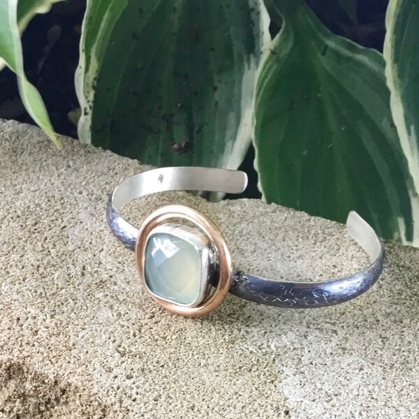 Sterling Silver Pale Green Chalcedony Bracelet, Chalcedony Cuff Bracelet, Cuff Silver Bracelet