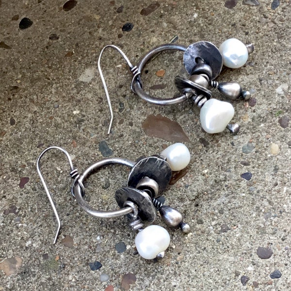 Silver Pearl Earrings/  Bohemian Pearl Dangle Earrings/ Artisan Jewelry/ Metalsmith Earrings/ Raw Silver Earrings/ Cluster Earrings