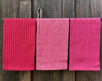 Retro Red, Pink, and Orange Handwoven Twill Hemmed Cotton Hand Towels