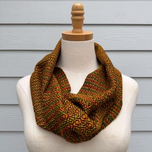 Red, Black, Green, Yellow Handwoven Cowl, Silk, Wool, Lambswool, Upcycled Rayon, Bamboo Infinity Scarf