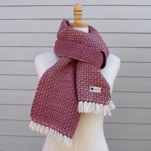 Handwoven Cream & Pastel Rose Wool, Silk, Rayon, Angora, and Lambswool Scarf with Fringe