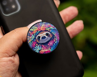 Phone Grip, Handyhalter, Anime Style, Faultier mit Blumen, Schwarz