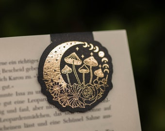 Magnetic bookmark, magical crescent moon with mushrooms and flowers foiled gold, motif, bookmark, magnetic, reading