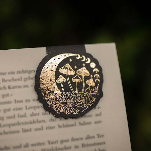 Magnetisches Lesezeichen,magischer Halbmond mit Pilzen und Blumen foliert gold, Motiv, Bookmark, magnetic, reading