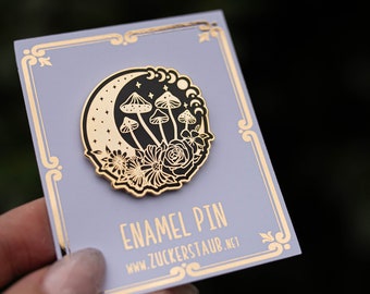 Enamel pin magic crescent with mushrooms and flowers gold/black, hard enamel pin, magic 3.8 cm
