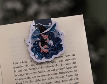 Magnetic bookmark, fantasy girl anime witch with cat in blue, bookmark, magnetic, reading