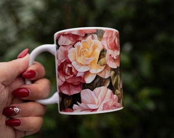 Tasse mit Blüten, Handmade, Kaffeebecher, Keramik, Sublimationsdruck, Becher, Blumen