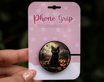 Phone Grip, Mobile Phone Holder, Smartphone Grip Holder, Halloween Pumpkin Cat, Black