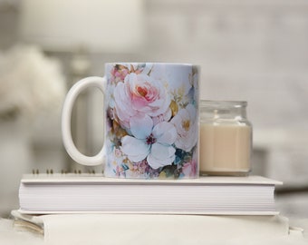 Cup with floral motif flower bouquet, handmade, coffee mug, ceramic, sublimation printing