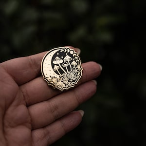 Enamel pin magic crescent with mushrooms and flowers gold/black, hard enamel pin, magic 3.8 cm image 4
