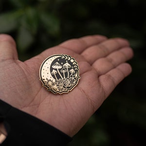 Enamel pin magic crescent with mushrooms and flowers gold/black, hard enamel pin, magic 3.8 cm image 6