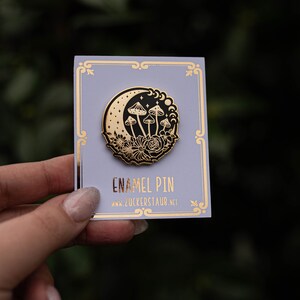 Enamel pin magic crescent with mushrooms and flowers gold/black, hard enamel pin, magic 3.8 cm image 2