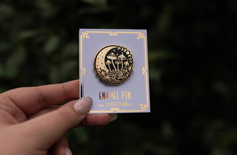 Enamel pin magic crescent with mushrooms and flowers gold/black, hard enamel pin, magic 3.8 cm image 2