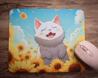 Mousepad Anime Kawaii Katze im Sonnenblumenfeld, Mauspad, Laptop Computer Zubehör, Comic Stil