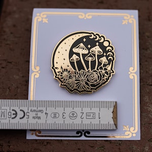 Enamel pin magic crescent with mushrooms and flowers gold/black, hard enamel pin, magic 3.8 cm image 3