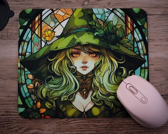 Mousepad Anime green Witch Halloween Girl, mouse pad, laptop computer accessories, comic style