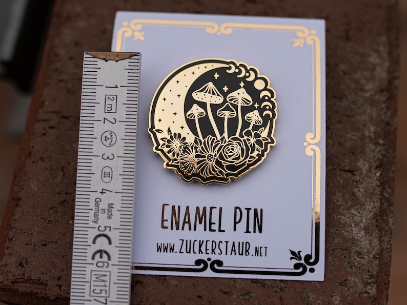Enamel pin magic crescent with mushrooms and flowers gold/black, hard enamel pin, magic 3.8 cm image 7