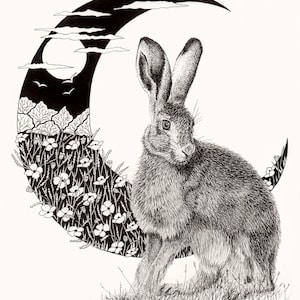 Hare and Moon Giclee Print: Hand-Finished Gold Highlights, 8x10