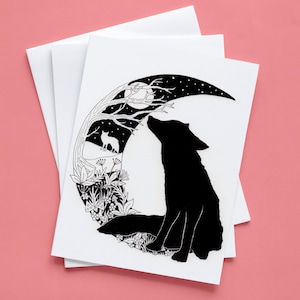 Black and White Fox, Moon Fox Blank Greetings Card