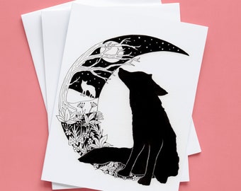 Black and White Fox, Moon Fox Blank Greetings Card