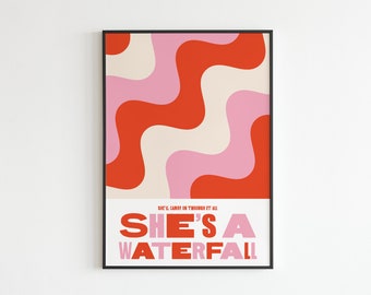 Könnte beinhalten: Ein abstrakter Druck in Pink und Rot mit wellenförmigen Linien. Der Text "She's a Waterfall" befindet sich unter dem Druck. Der Text "She'll carry on through it all" befindet sich über dem Druck.