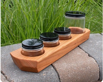 Cherry Wood Paint Jar Holders - 4, 6, or 7 Jar Holder with Glass Jars & Metal Lids