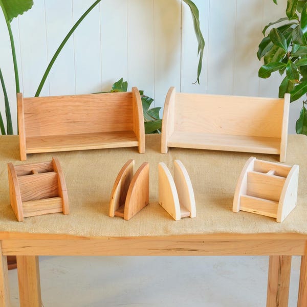 Desktop Bookshelf and Pencil / Accessory Holder Set, Accessory Holder, or Folder Holder - Cherry or Maple Wood Options - Made in USA