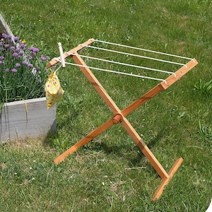 Cherry Wood Drying Stand and 12 Wooden Clothespins with Bag - Child Height