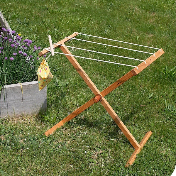 Cherry Wood Drying Stand and 12 Wooden Clothespins with Bag - Child Height