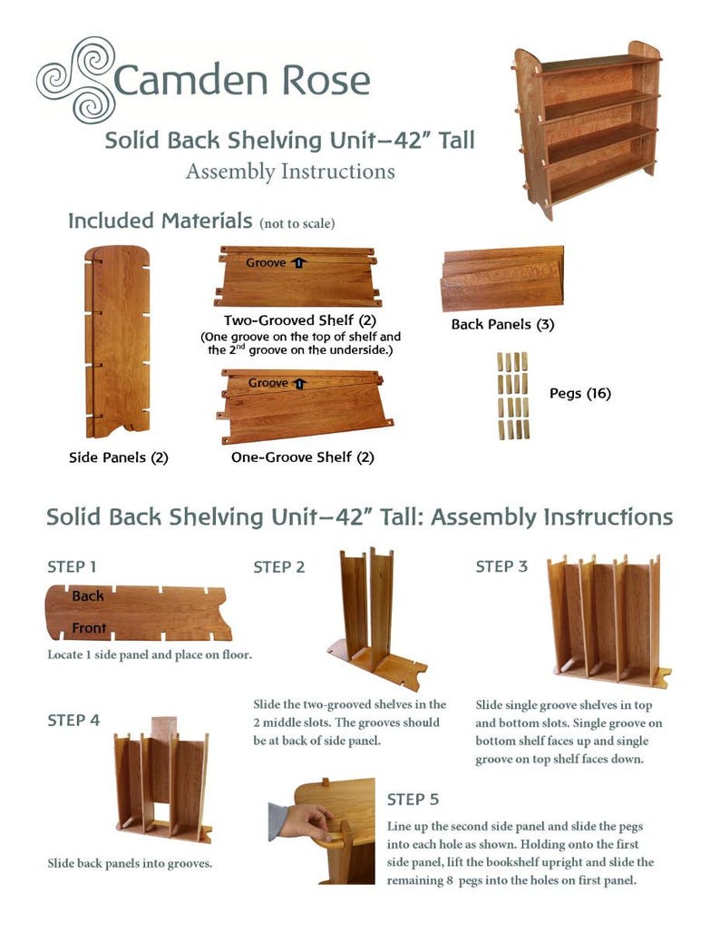 以下が含まれることがあります： 高さ107cmのソリッドバックシェルフユニットの組み立て説明書。説明書には、サイドパネル、棚、バックパネル、ペグの組み立て方法が示されています。画像には、ユニットの組み立てに必要な部品と手順の図が示されています。