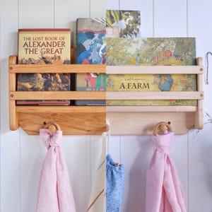 24 inch Cherry or Maple Wood Wall Shelf / Bookshelf Display with Coat Hooks  - Made in USA