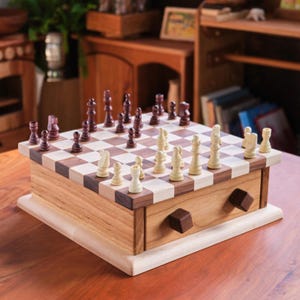 12x12 inch Walnut / Maple Checker Board Set with Drawer, Checker & Chess Pieces Included