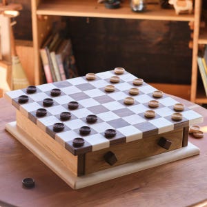 16x16 inch Walnut / Maple Checker Board Set with Drawer, Checker & Chess Pieces Included