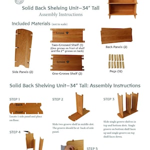 以下が含まれることがあります： 高さ 86 cm のソリッドバックシェルフユニットの組み立て手順。手順では、サイドパネル、バックパネル、棚、ペグを使用してユニットを組み立てる方法を示しています。ユニットは木でできており、自然な仕上げになっています。