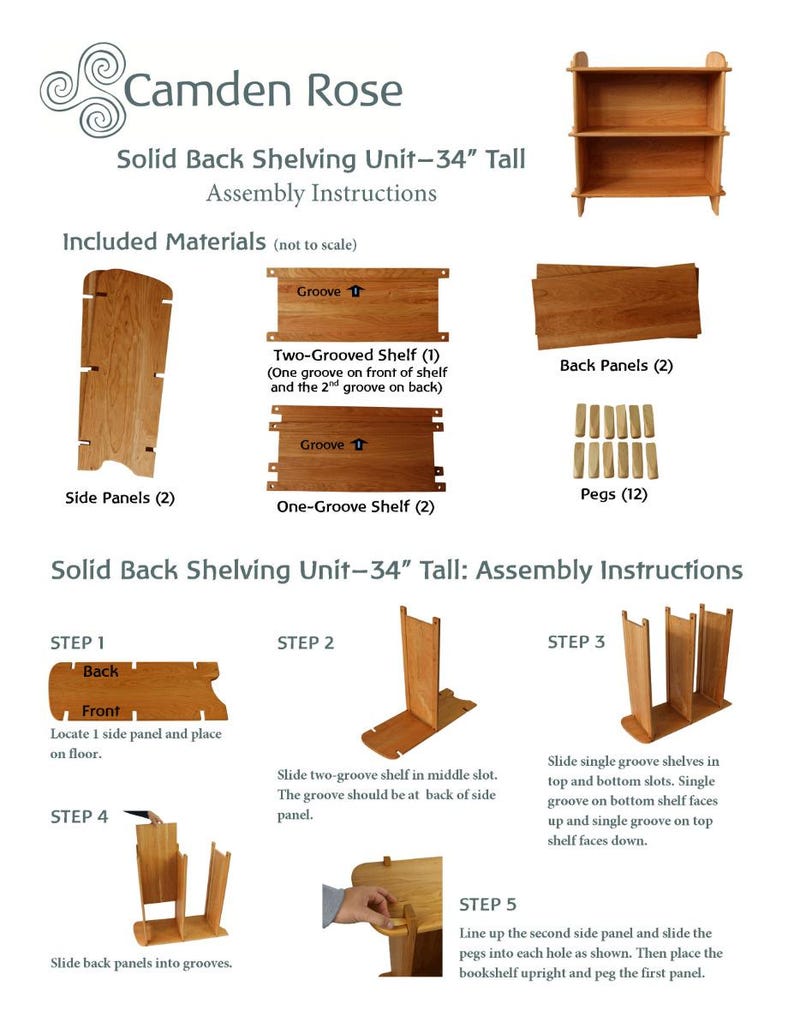 以下が含まれることがあります： 高さ 86 cm のソリッドバックシェルフユニットの組み立て手順。手順では、サイドパネル、バックパネル、棚、ペグを使用してユニットを組み立てる方法を示しています。ユニットは木でできており、自然な仕上げになっています。