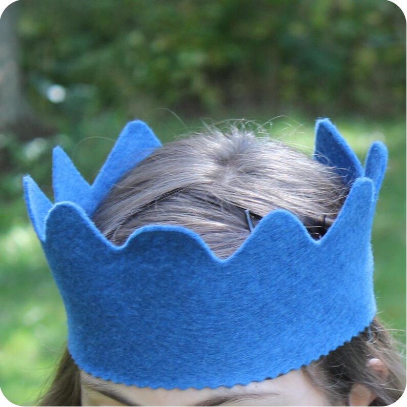 May include: A blue felt crown with a scalloped edge. The crown is worn on a person's head.