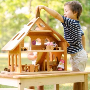 Cherry Wood Dollhouse (Three Story Dollhouse with Cherry and Maple Hardwood) + 10 Piece or 15 Piece Furniture Set Bundles - Made in USA
