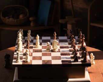 16x16 Inch Walnut / Maple Checker Board Set With Drawer