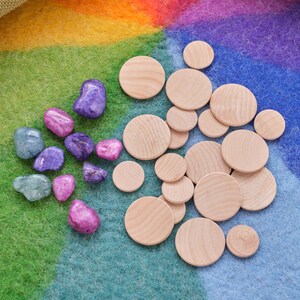 May include: A collection of wooden circles in various sizes, arranged on a rainbow-colored felt background. There are also several purple, pink, and blue stones scattered around the circles.