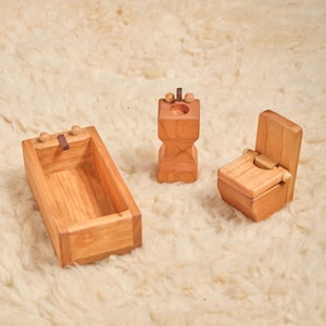 Solid Wood Dollhouse Toilet, Tub, and Sink Set - Cherry Wood