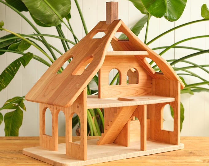 Cherry Wood Dollhouse (Three Story Dollhouse with Cherry and Maple Hardwood) + 10 Piece or 15 Piece Furniture Set Bundles - Made in USA