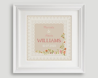 Wedding Cross Stitch Pattern - Personalized Cross Stitch Wedding - Cross Stitch Pattern Flowers - Wedding Mr & Mrs - PDF - INSTANT DOWNLOAD